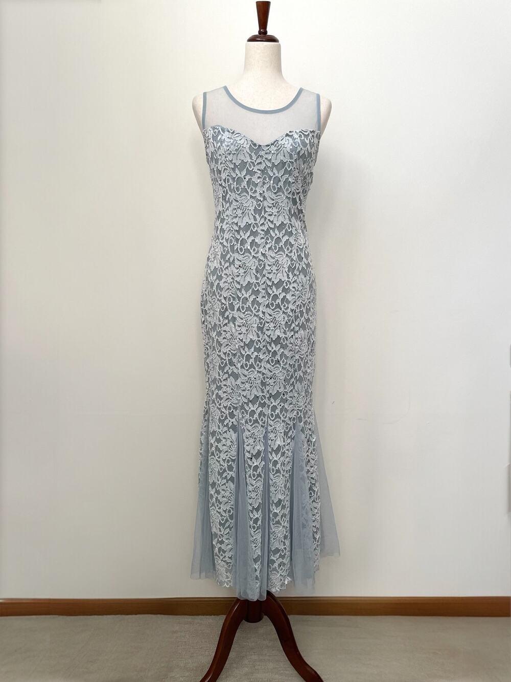 VTG Y2K Candalite Lace Formal Maxi Dress M Blue Evening Gown Prom Flare Skirt